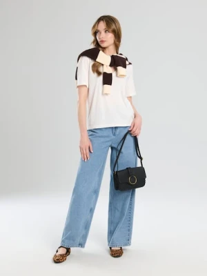 Zdjęcie produktu Sinsay - Bawełniana koszulka z dekoltem V - kremowy