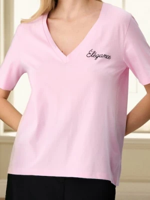 Sinsay - Bawełniana koszulka z dekoltem V - różowy