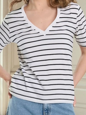 Sinsay - Bawełniana koszulka z dekoltem V - wielobarwny