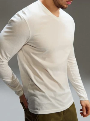 Sinsay - Bawełniana koszulka z długim rękawem i dekoltem V - kremowy
