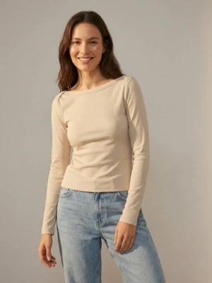 Sinsay - Bawełniana koszulka z długim rękawem w prążek - kremowy