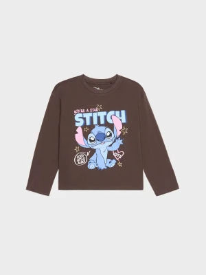 Sinsay - Bawełniana koszulka z długim rękawem z nadrukiem Stitch - brązowy