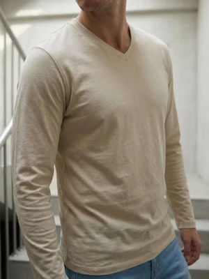 Sinsay - Bawełniana koszulka z długimi rękawami - kremowy