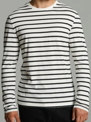Sinsay - Bawełniana koszulka z długimi rękawami w paski - kremowy