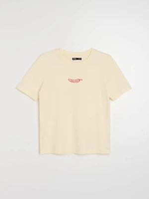 Sinsay - Bawełniana koszulka z haftowanym napisem - żółty