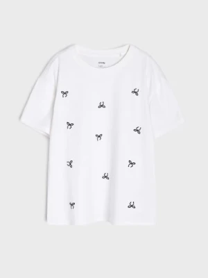 Sinsay - Bawełniana koszulka z haftowanymi kokardkami - biały
