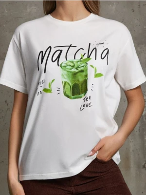 Sinsay - Bawełniana koszulka z kolorowym nadrukiem - kremowy