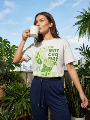 Sinsay - Bawełniana koszulka z kolorowym nadrukiem - kremowy