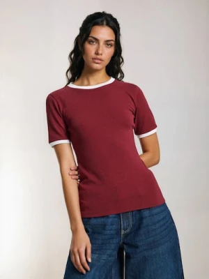 Sinsay - Bawełniana koszulka z kontrastową lamówką - bordowy