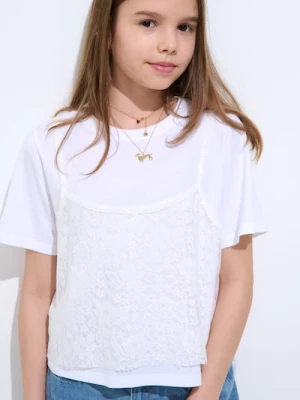 Sinsay - Bawełniana koszulka z koronką - biały