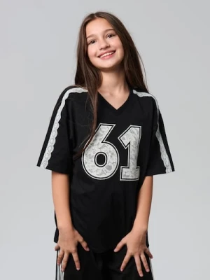 Sinsay - Bawełniana koszulka z koronkową aplikacją - czarny