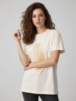 Sinsay - Bawełniana koszulka z krótkim rękawem - kremowy