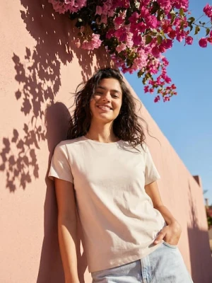 Sinsay - Bawełniana koszulka z krótkim rękawem - kremowy