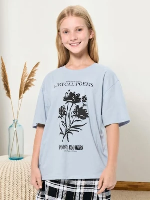 Sinsay - Bawełniana koszulka z kwiatowym nadrukiem - błękitny