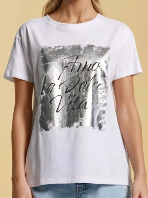 Sinsay - Bawełniana koszulka z metalicznym nadrukiem - biały