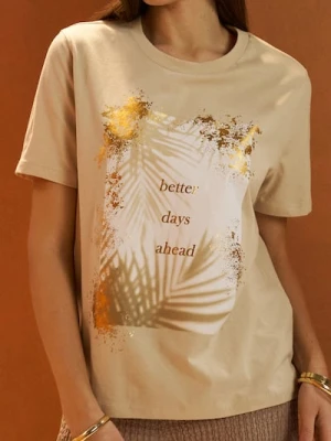 Sinsay - Bawełniana koszulka z metalicznym printem - kremowy