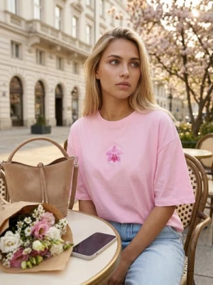 Sinsay - Bawełniana koszulka z motywem kwiatowym - różowy