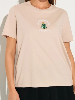 Sinsay - Bawełniana koszulka z motywem świątecznym - beżowy