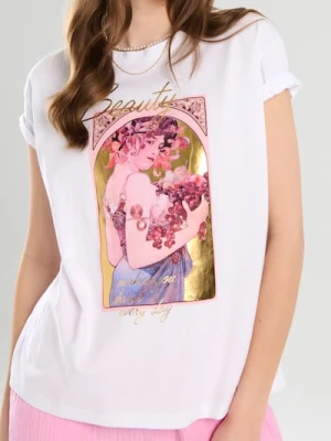 Sinsay - Bawełniana koszulka z nadrukiem Alphonse Mucha - biały