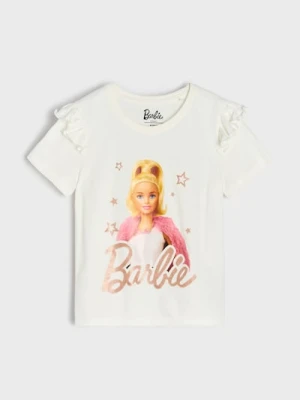 Sinsay - Bawełniana koszulka z nadrukiem Barbie - kremowy