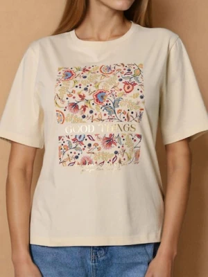 Sinsay - Bawełniana koszulka z nadrukiem - beżowy