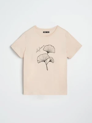 Sinsay - Bawełniana koszulka z nadrukiem - beżowy