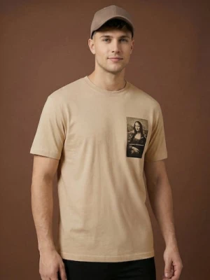 Sinsay - Bawełniana koszulka z nadrukiem - beżowy