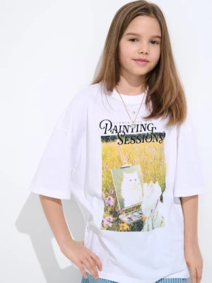 Sinsay - Bawełniana koszulka z nadrukiem - biały