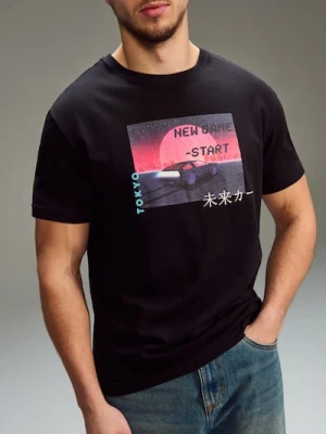 Sinsay - Bawełniana koszulka z nadrukiem - czarny