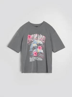 Sinsay - Bawełniana koszulka z nadrukiem delfinów - szary