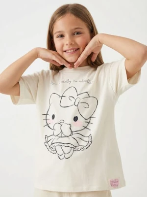 Sinsay - Bawełniana koszulka z nadrukiem Hello Kitty - kremowy