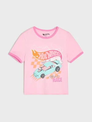 Sinsay - Bawełniana koszulka z nadrukiem Hot Wheels - różowy