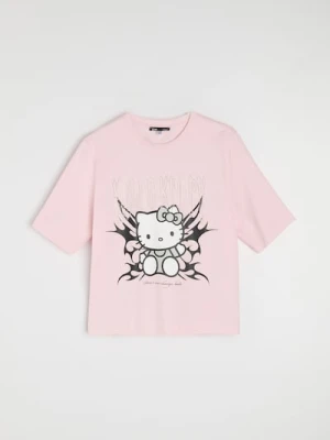 Sinsay - Bawełniana koszulka z nadrukiem i dżetami Hello Kitty - różowy