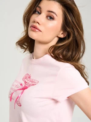 Sinsay - Bawełniana koszulka z nadrukiem i kokardką - różowy