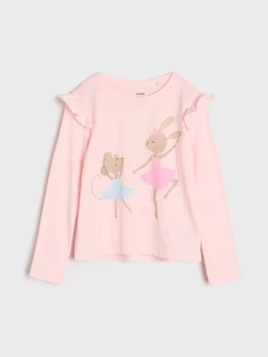 Sinsay - Bawełniana koszulka z nadrukiem i ozdobnymi falbanami - kremowy