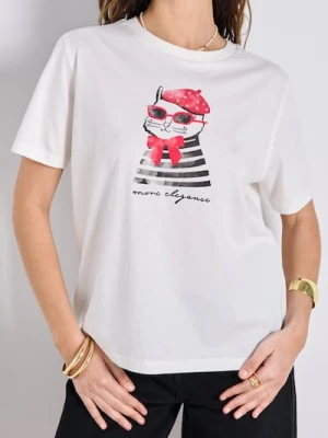 Sinsay - Bawełniana koszulka z nadrukiem kota - kremowy