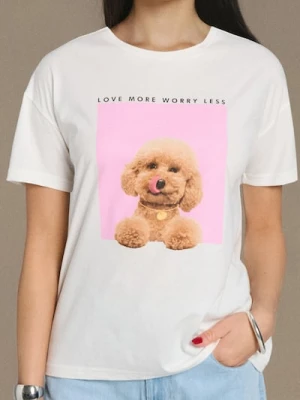 Sinsay - Bawełniana koszulka z nadrukiem - kremowy