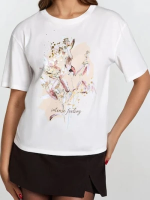 Sinsay - Bawełniana koszulka z nadrukiem - kremowy