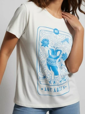 Sinsay - Bawełniana koszulka z nadrukiem - kremowy