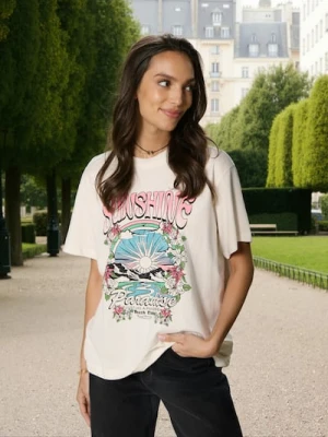 Sinsay - Bawełniana koszulka z nadrukiem - kremowy