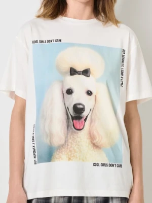 Sinsay - Bawełniana koszulka z nadrukiem - kremowy