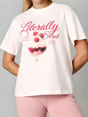 Sinsay - Bawełniana koszulka z nadrukiem - kremowy