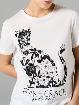 Sinsay - Bawełniana koszulka z nadrukiem - kremowy