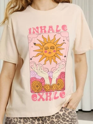 Sinsay - Bawełniana koszulka z nadrukiem - kremowy