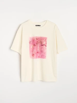 Sinsay - Bawełniana koszulka z nadrukiem - kremowy