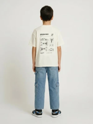 Sinsay - Bawełniana koszulka z nadrukiem - kremowy