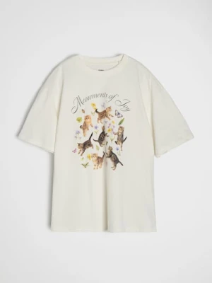 Sinsay - Bawełniana koszulka z nadrukiem - kremowy