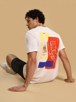 Sinsay - Bawełniana koszulka z nadrukiem - kremowy