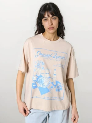 Sinsay - Bawełniana koszulka z nadrukiem - kremowy