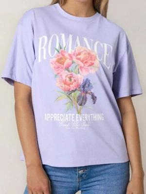 Sinsay - Bawełniana koszulka z nadrukiem kwiatowym - fioletowy